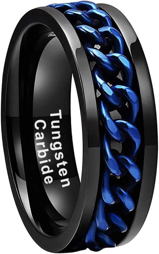 Genuine Carbide Tungsten Color: 8MM BLACK BLUE Chain Inlay High Polished inner-face design smooth and shiny. Comfort Fit Wedding Band Size 6-15