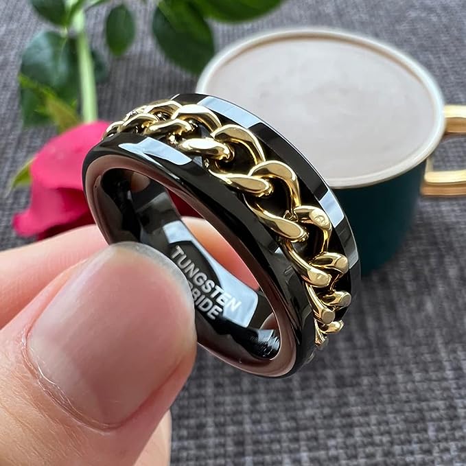 Genuine Carbide Tungsten Color: 8MM BLACK GOLD Chain Inlay High Polished inner-face design smooth and shiny. Comfort Fit Wedding Band Size 6-15