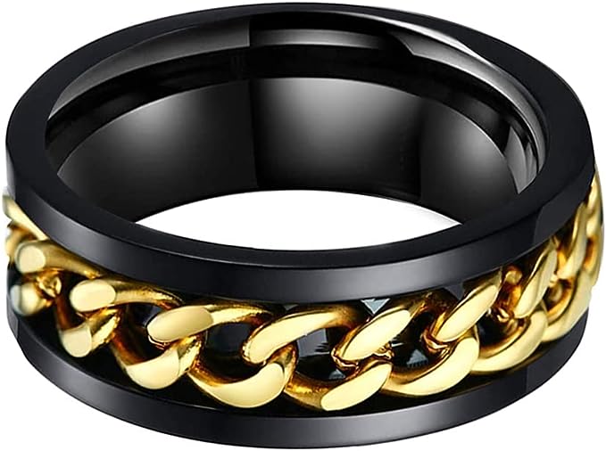 Genuine Carbide Tungsten Color: 8MM BLACK GOLD Chain Inlay High Polished inner-face design smooth and shiny. Comfort Fit Wedding Band Size 6-15