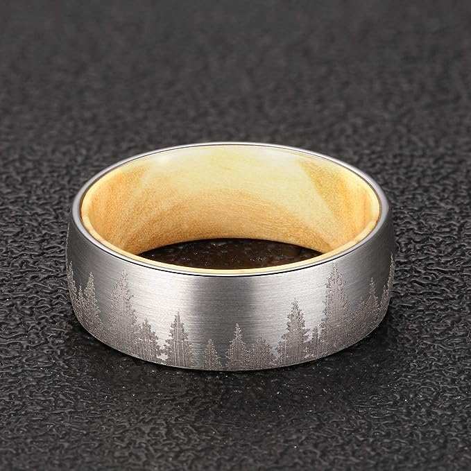 Genuine Carbide Tungsten Color: 8mm BLACK WHITE WOOD LINER inlay Lasered Etched Silver Forest Landscape, Matte Finish