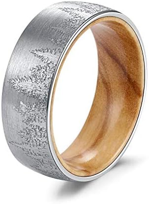 Genuine Carbide Tungsten Color: 8mm BLACK WHITE WOOD LINER inlay Lasered Etched Silver Forest Landscape, Matte Finish