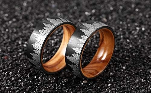 Genuine Carbide Tungsten Color: 8mm BLACK WHITE WOOD LINER inlay Lasered Etched Black Forest Landscape, Matte Finish