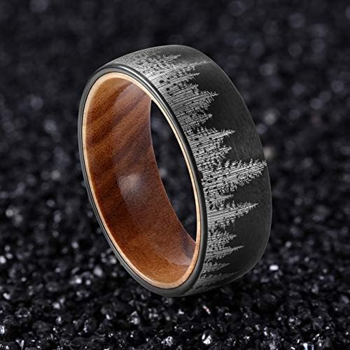 Genuine Carbide Tungsten Color: 8mm BLACK WHITE WOOD LINER inlay Lasered Etched Black Forest Landscape, Matte Finish