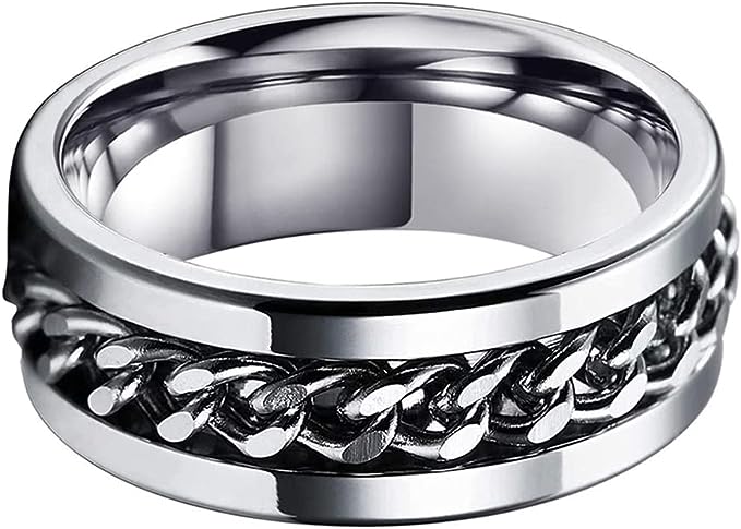 Genuine Carbide Tungsten Color: 8MM Silver Chain Inlay High Polished inner-face design smooth and shiny. Comfort Fit Wedding Band Size 6-15