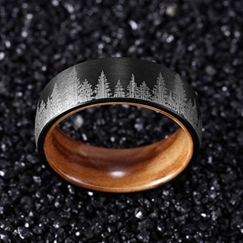 Genuine Carbide Tungsten Color: 8mm BLACK WHITE WOOD LINER inlay Lasered Etched Black Forest Landscape, Matte Finish