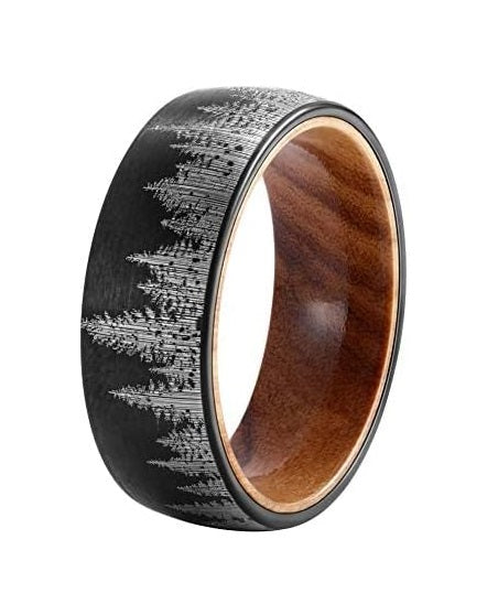 Genuine Carbide Tungsten Color: 8mm BLACK WHITE WOOD LINER inlay Lasered Etched Black Forest Landscape, Matte Finish