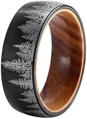 Genuine Carbide Tungsten Color: 8mm BLACK WHITE WOOD LINER inlay Lasered Etched Black Forest Landscape, Matte Finish