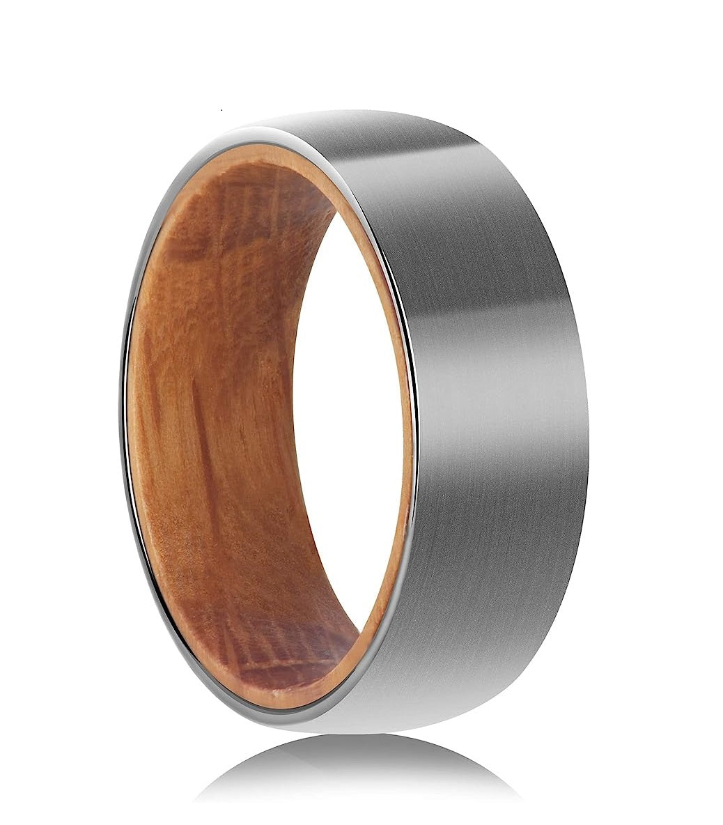 Carbide Tungsten Color: SILVER  BRUSHED 8mm RING Rosewood  Inlay High Polished inner-face design smooth and shiny. Comfort Fit Wedding Band Size 6-15