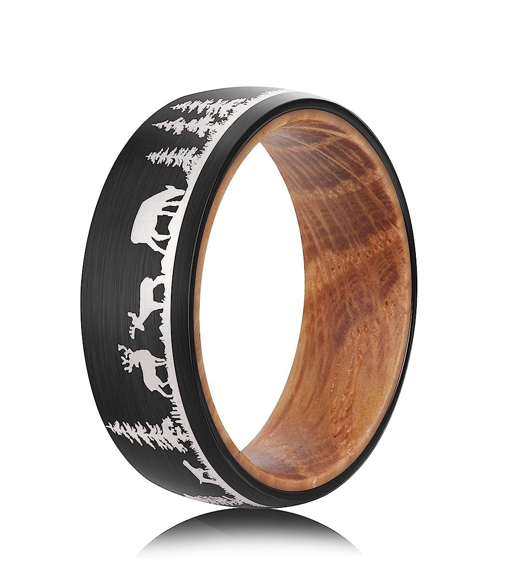 Genuine Carbide Tungsten Color: 8mm BLACK WHITE WOOD LINER inlay Lasered Etched Black Forest Animals Landscape, Matte Finish