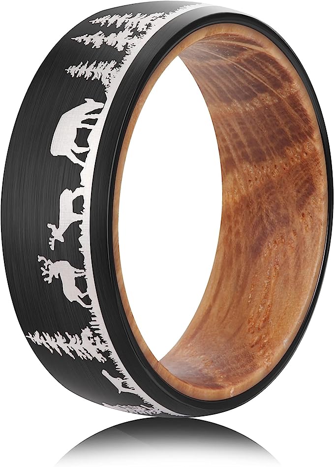 Genuine Carbide Tungsten Color: 8mm BLACK WHITE WOOD LINER inlay Lasered Etched Black Forest Animals Landscape, Matte Finish