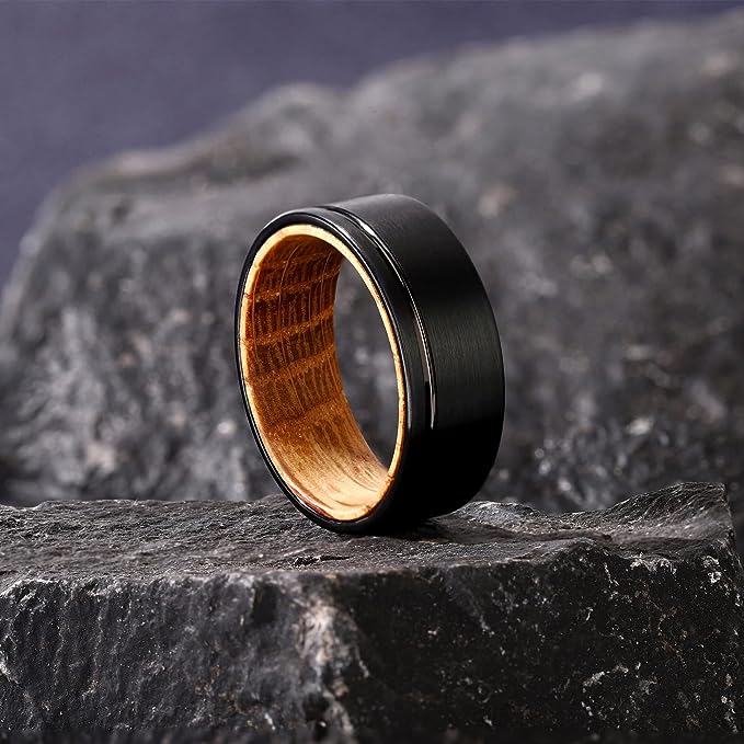 Genuine Carbide Tungsten Color: BLACK BRUSHED GROOVE LINE 8mm RING Rosewood  Inlay High Polished inner-face design smooth and shiny. Comfort Fit Wedding Band Size 6-15