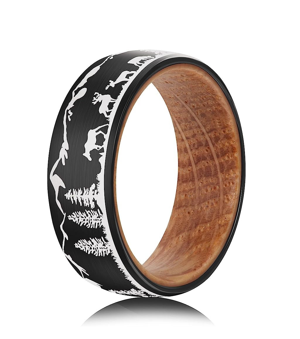 Genuine Carbide Tungsten Color: 8mm BLACK WHITE WOOD LINER inlay Lasered Etched Black Cloud Forest Animals Landscape, Matte Finish