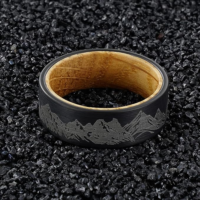 Genuine Carbide Tungsten Color: 8mm BLACK WHITE WOOD LINER inlay Lasered Etched Forest Mountain Landscape, Matte Finish