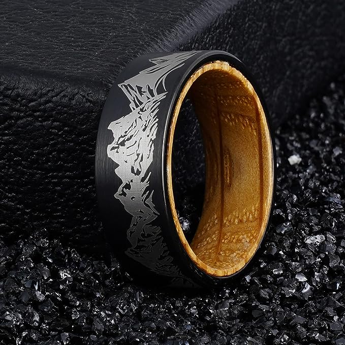 Genuine Carbide Tungsten Color: 8mm BLACK WHITE WOOD LINER inlay Lasered Etched Forest Mountain Landscape, Matte Finish