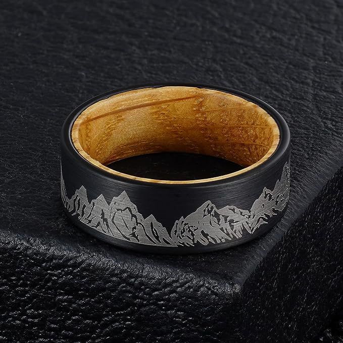 Genuine Carbide Tungsten Color: 8mm BLACK WHITE WOOD LINER inlay Lasered Etched Forest Mountain Landscape, Matte Finish