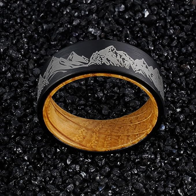 Genuine Carbide Tungsten Color: 8mm BLACK WHITE WOOD LINER inlay Lasered Etched Forest Mountain Landscape, Matte Finish