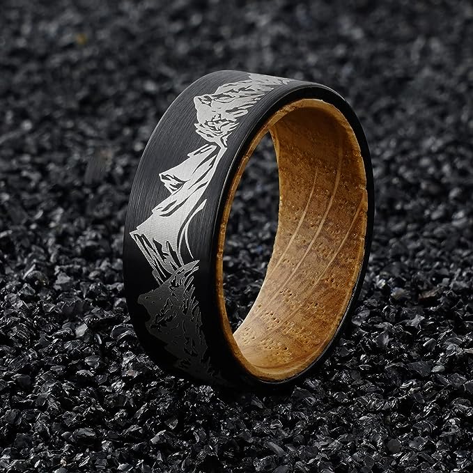 Genuine Carbide Tungsten Color: 8mm BLACK WHITE WOOD LINER inlay Lasered Etched Forest Mountain Landscape, Matte Finish