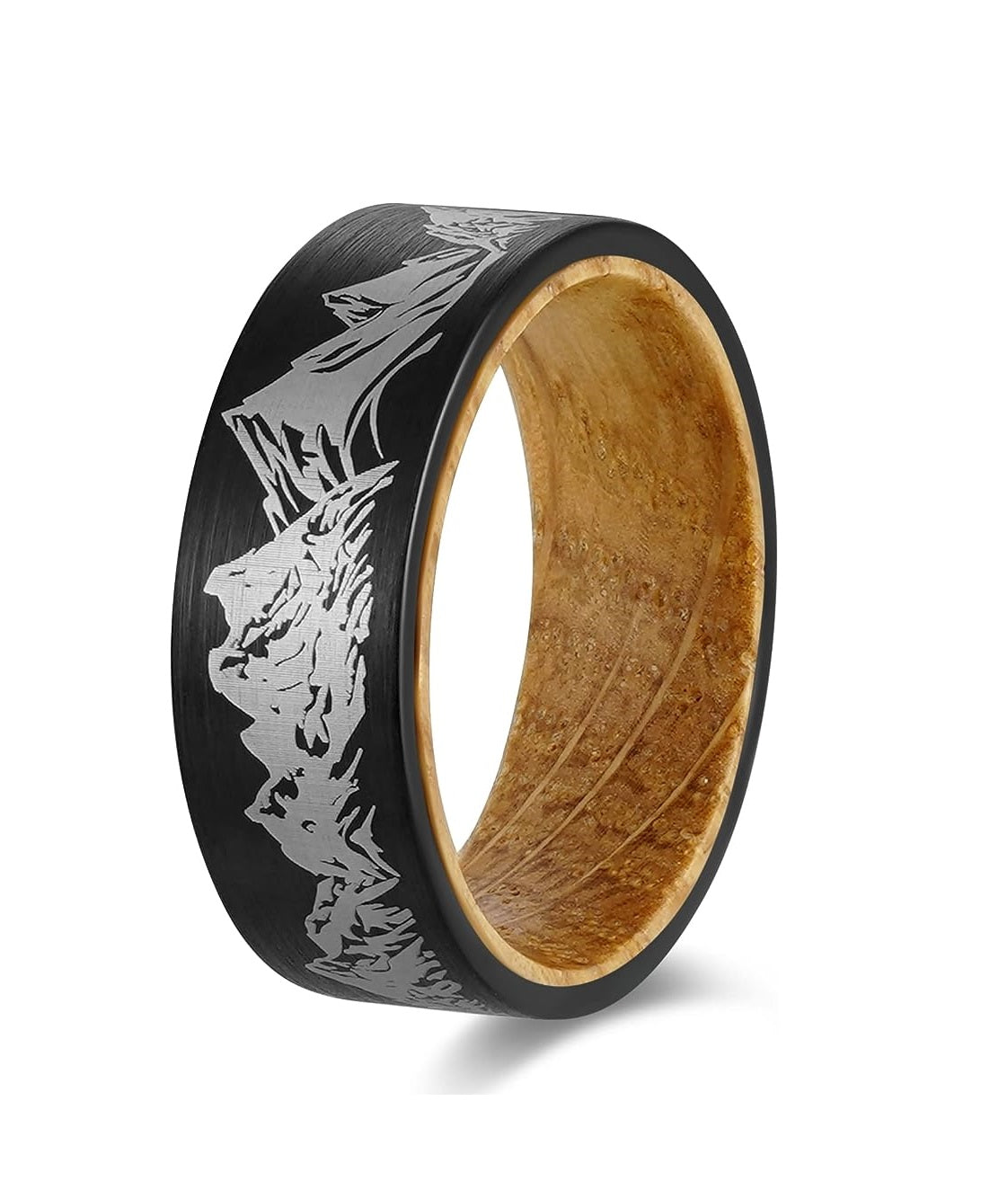 Genuine Carbide Tungsten Color: 8mm BLACK WHITE WOOD LINER inlay Lasered Etched Forest Mountain Landscape, Matte Finish