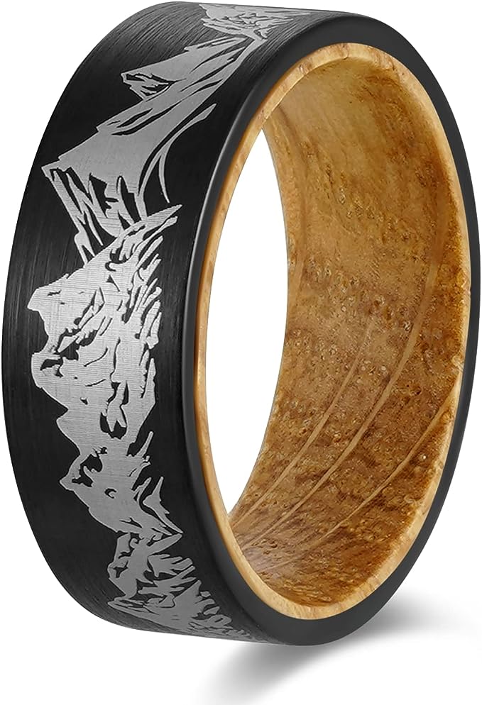 Genuine Carbide Tungsten Color: 8mm BLACK WHITE WOOD LINER inlay Lasered Etched Forest Mountain Landscape, Matte Finish