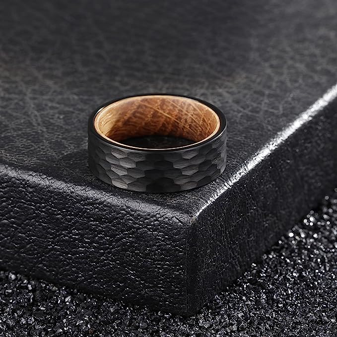 Genuine Carbide Tungsten Color: BLACK HAMMERED 8mm RING Rosewood  Inlay High Polished inner-face design smooth and shiny. Comfort Fit Wedding Band Size 6-15