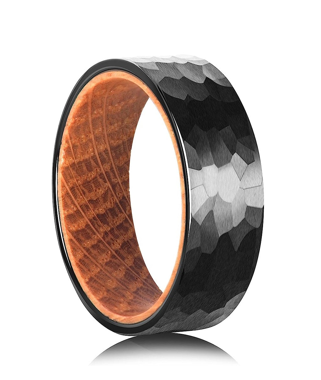 Genuine Carbide Tungsten Color: BLACK HAMMERED 8mm RING Rosewood  Inlay High Polished inner-face design smooth and shiny. Comfort Fit Wedding Band Size 6-15