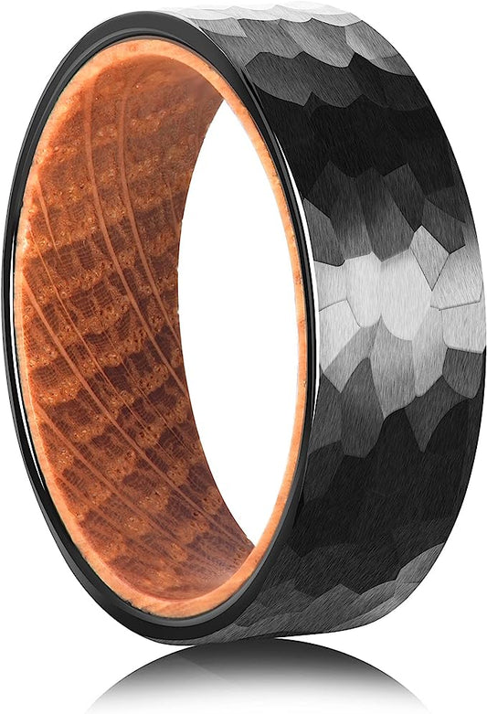 Genuine Carbide Tungsten Color: BLACK HAMMERED 8mm RING Rosewood  Inlay High Polished inner-face design smooth and shiny. Comfort Fit Wedding Band Size 6-15