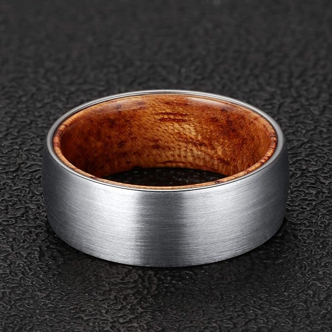 Genuine Carbide Tungsten Color: SILVER BRUSHED 8mm RING Rosewood  Inlay High Polished inner-face design smooth and shiny. Comfort Fit Wedding Band Size 6-15