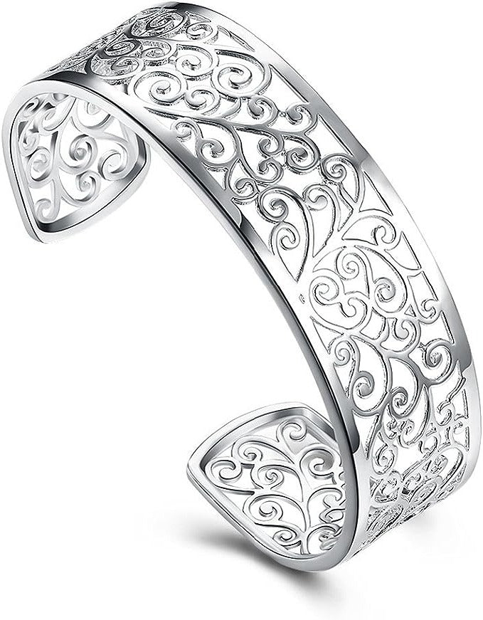 925 Sterling Silver Bangle Bracelet, Fashion Open Bangle Cuff Jewelry for Women Girls High Polished