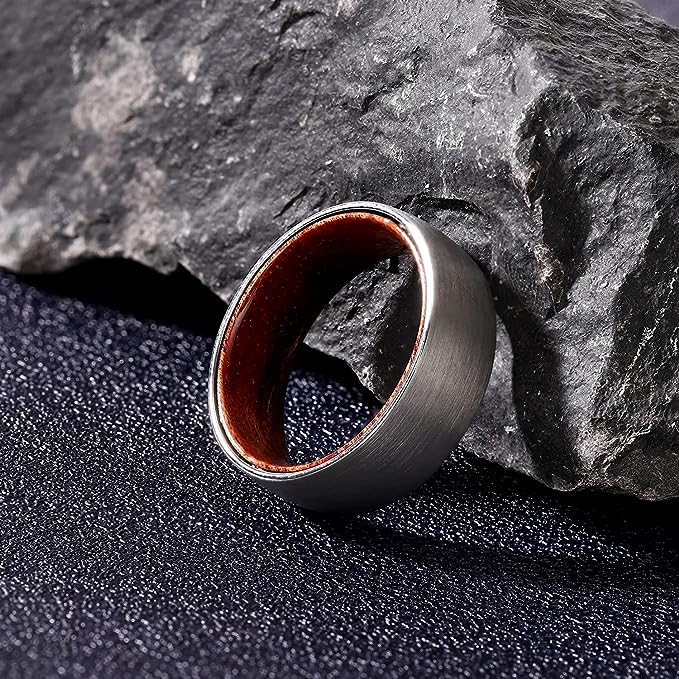 Genuine Carbide Tungsten Color: SILVER BRUSHED 8mm RING Rosewood  Inlay High Polished inner-face design smooth and shiny. Comfort Fit Wedding Band Size 6-15