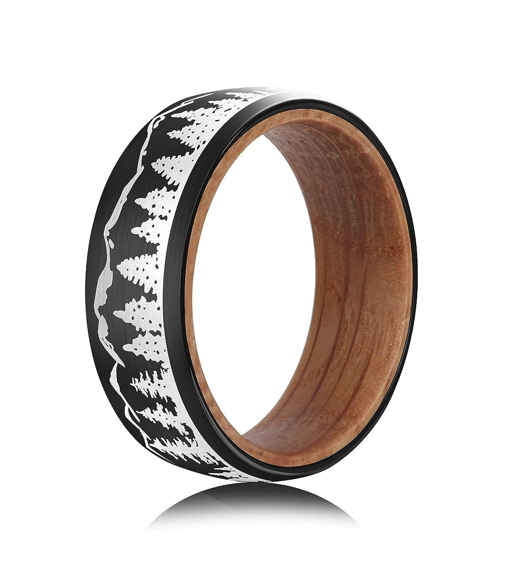 Genuine Carbide Tungsten Color: 8mm BLACK WHITE WOOD LINER inlay Lasered Etched Forest Mountain Landscape, Matte Finish