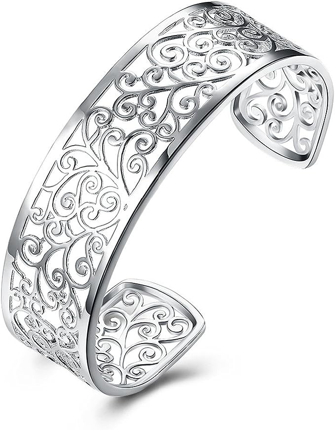 925 Sterling Silver Bangle Bracelet, Fashion Open Bangle Cuff Jewelry for Women Girls High Polished