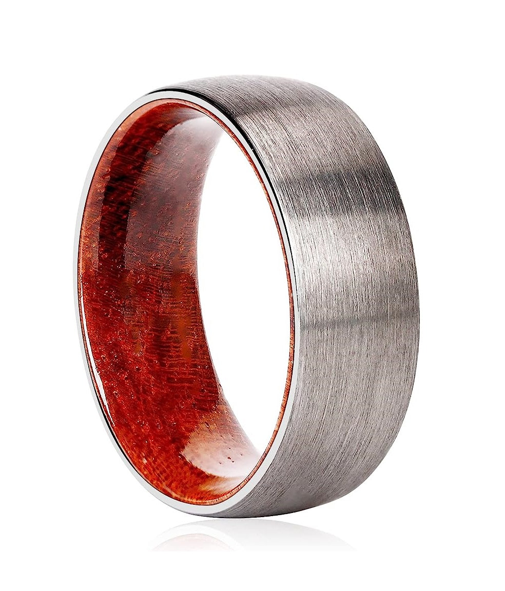 Genuine Carbide Tungsten Color: SILVER BRUSHED 8mm RING Rosewood  Inlay High Polished inner-face design smooth and shiny. Comfort Fit Wedding Band Size 6-15