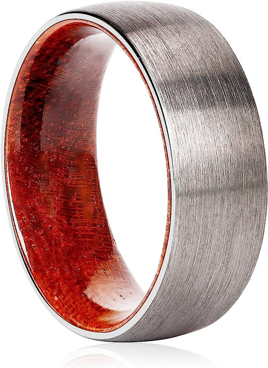 Genuine Carbide Tungsten Color: SILVER BRUSHED 8mm RING Rosewood  Inlay High Polished inner-face design smooth and shiny. Comfort Fit Wedding Band Size 6-15