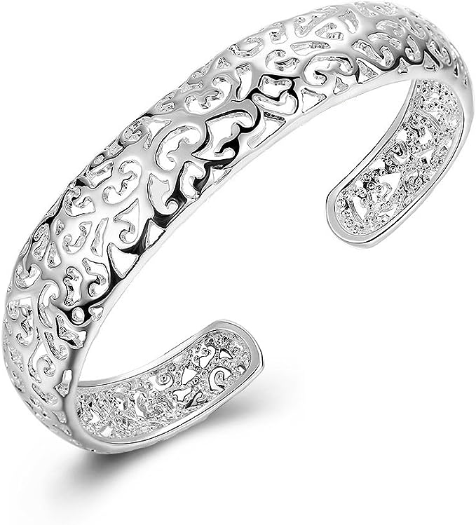 925 Sterling Silver Bangle Bracelet, Fashion Open Bangle Cuff Jewelry for Women Girls H