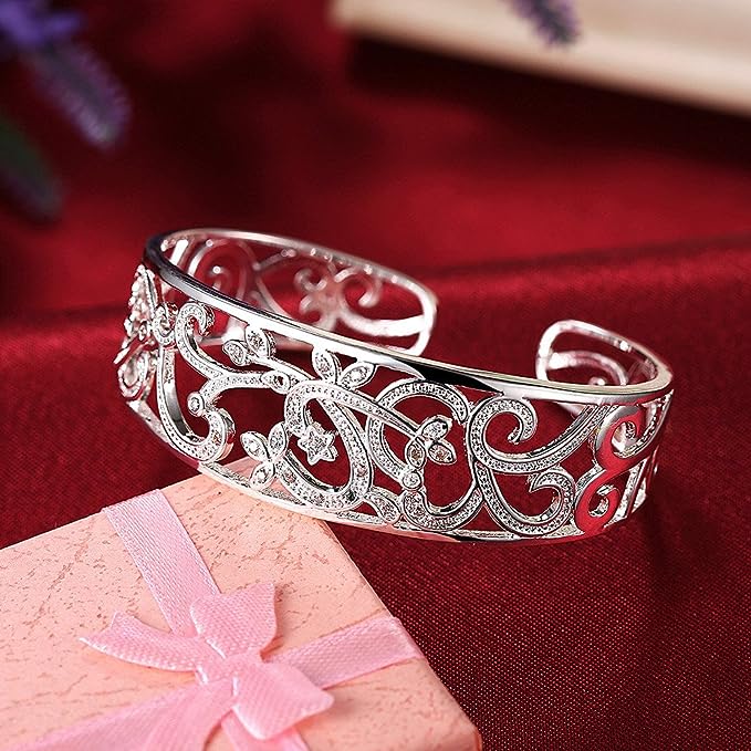 925 Sterling Silver Bangle Bracelet, Fashion Open Bangle Cuff Jewelry for Women Girls High Polished.