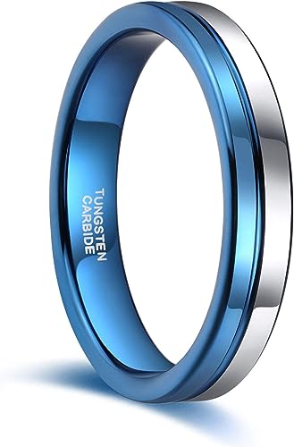 Genuine Carbide Tungsten Color: Design 4mm blue and silver band blue line, Black Blue Line Center Inlay High Polished inner-face design smooth and shiny. Comfort Fit Wedding Band Size 6-15