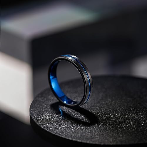 Genuine Carbide Tungsten Color: Design 4MM Black Blue Line Center Inlay High Polished inner-face design smooth and shiny. Comfort Fit Wedding Band Size 6-15