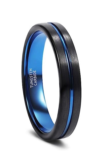 Genuine Carbide Tungsten Color: Design 4MM Black Blue Line Center Inlay High Polished inner-face design smooth and shiny. Comfort Fit Wedding Band Size 6-15