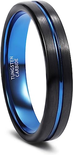 Genuine Carbide Tungsten Color: Design 4MM Black Blue Line Center Inlay High Polished inner-face design smooth and shiny. Comfort Fit Wedding Band Size 6-15