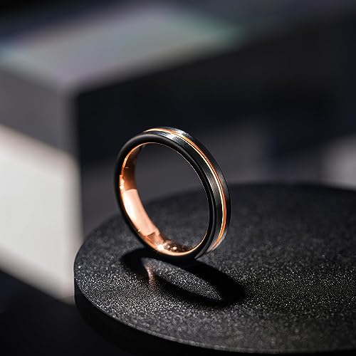 Genuine Carbide Tungsten Color: Design 4MM Black Rose Gold Line Center Inlay High Polished inner-face design smooth and shiny. Comfort Fit Wedding Band Size 6-15