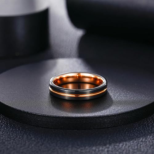 Genuine Carbide Tungsten Color: Design 4MM Black Rose Gold Line Center Inlay High Polished inner-face design smooth and shiny. Comfort Fit Wedding Band Size 6-15