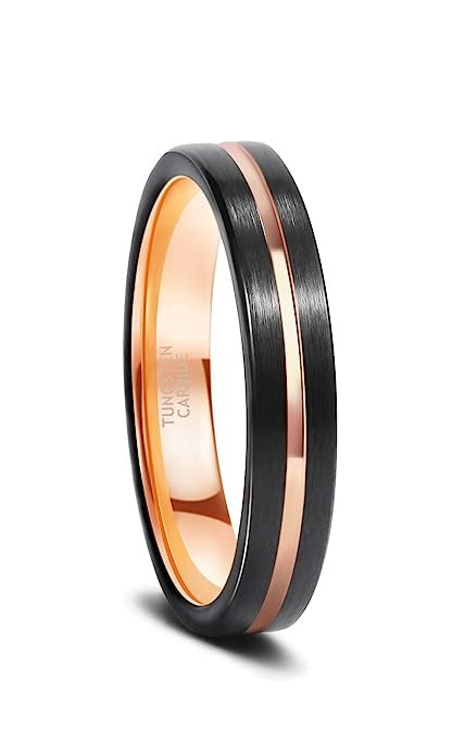 Genuine Carbide Tungsten Color: Design 4MM Black Rose Gold Line Center Inlay High Polished inner-face design smooth and shiny. Comfort Fit Wedding Band Size 6-15