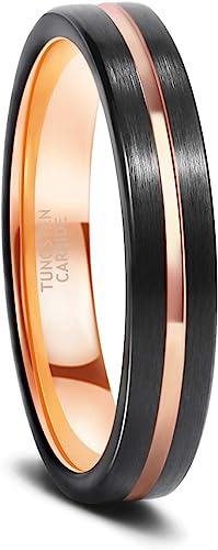 Genuine Carbide Tungsten Color: Design 4MM Black Rose Gold Line Center Inlay High Polished inner-face design smooth and shiny. Comfort Fit Wedding Band Size 6-15