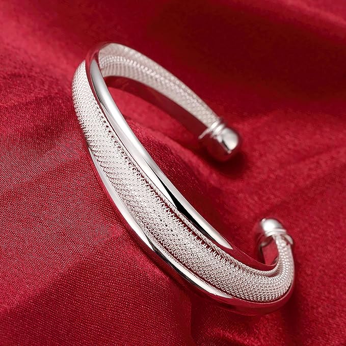 925 Sterling Silver Bangle Bracelet, Fashion Open Bangle Cuff Jewelry for Women Girls High Polished