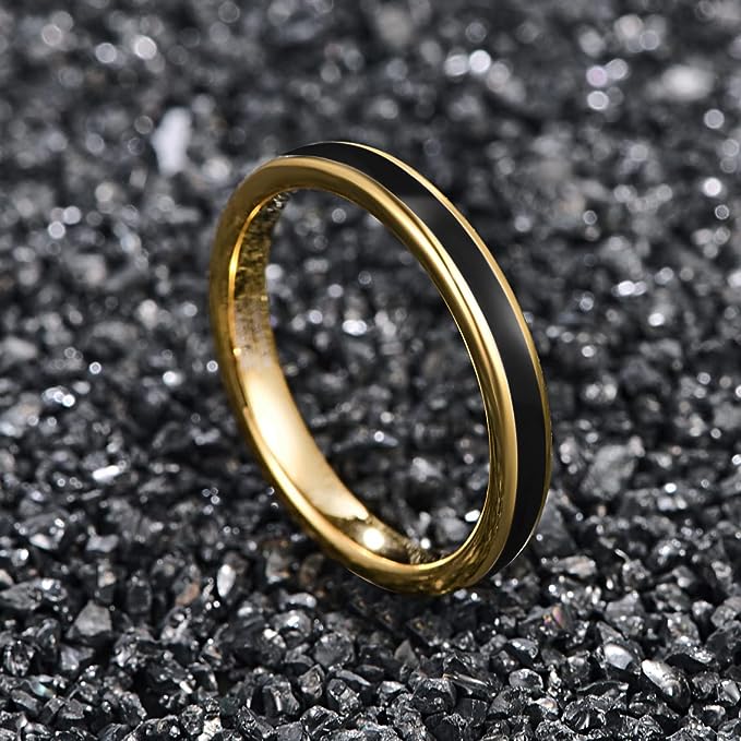 Genuine Carbide Tungsten Color: Design 3MM Gold Black Inlay High Polished inner-face design smooth and shiny. Comfort Fit Wedding Band Size 6-15