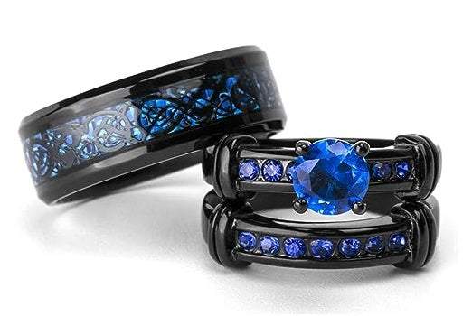 One: Bridal Set His Hers Black Gold Plated Blue CZ and Stainless Steel Wedding Ring Band.