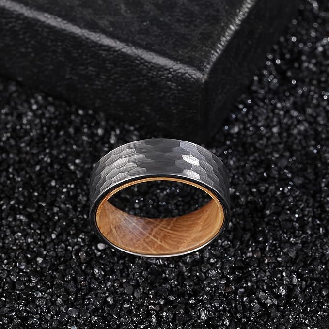 Carbide Tungsten Color: SILVER 8mm HAMMERED RING Rosewood Inlay High Polished inner-face design smooth and shiny. Comfort Fit Wedding Band Size 6-15