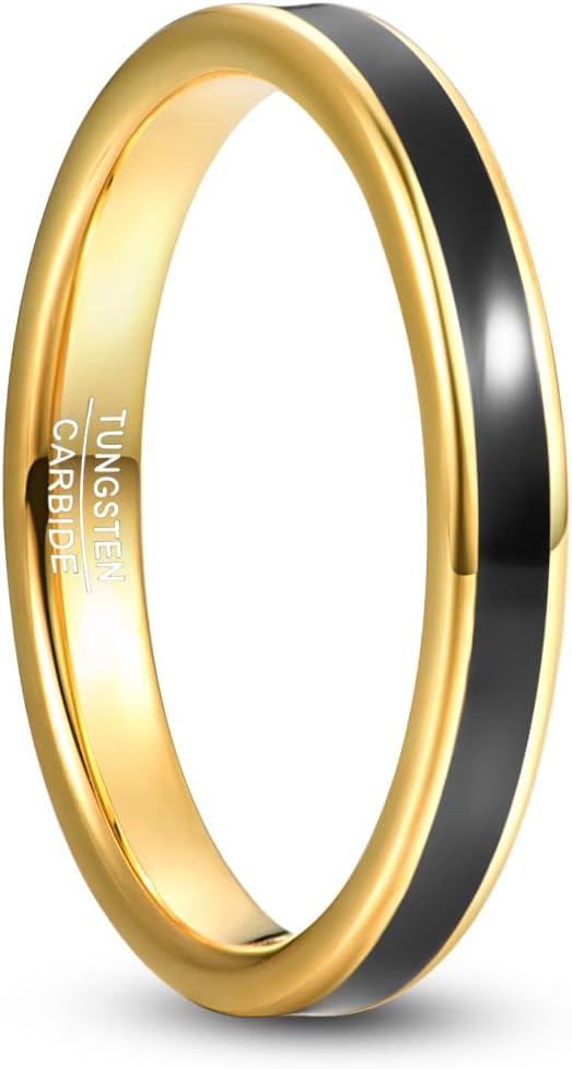 Genuine Carbide Tungsten Color: Design 3MM Gold Black Inlay High Polished inner-face design smooth and shiny. Comfort Fit Wedding Band Size 6-15