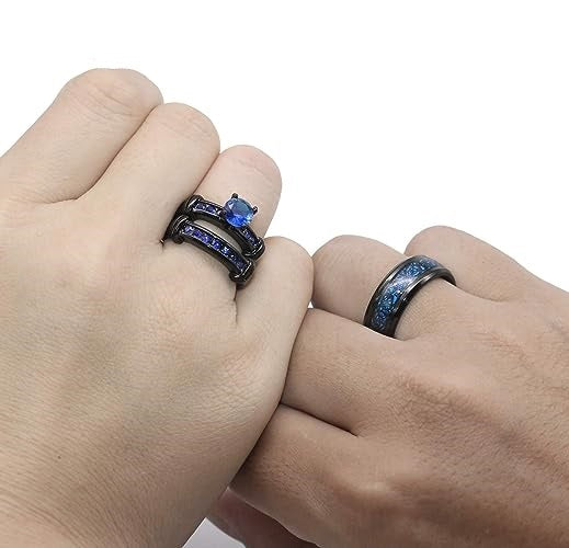 One: Bridal Set His Hers Black Gold Plated Blue CZ and Stainless Steel Wedding Ring Band.