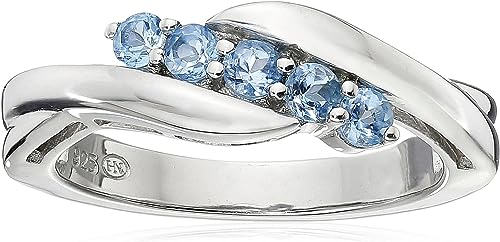 925 Sterling Silver RING featuring a row of five genuine Swiss blue topaz stones set in high polished sterling silver